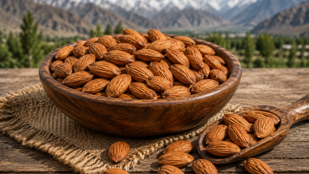 Fresh almonds displayed with dried apricots against a Gilgit-Baltistan mountain landscape