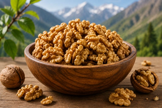 Light golden-brown walnut halves arranged on a wooden surface