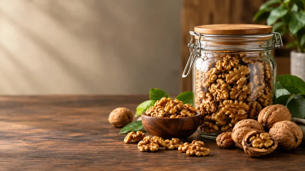 Shelled walnut halves stored in an airtight glass jar with a rubber seal
