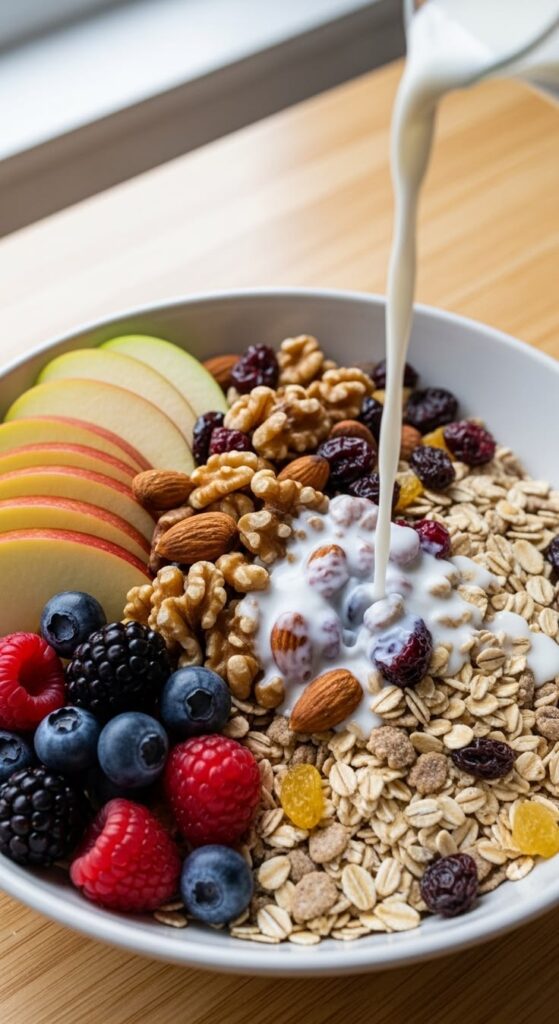 ealthy breakfast with oats, fresh fruit, almonds, walnuts and dried apricots